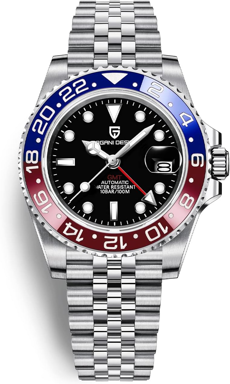 PAGANI DESIGN ساعة رجال أوتوماتيكية GMT من باجاني ديزاين 40 مم مقاومة للماء من الفولاذ المقاوم للصدأ مع زجاج ياقوتي - نموذج PD-1662 (أزرق أحمر) - Image 1